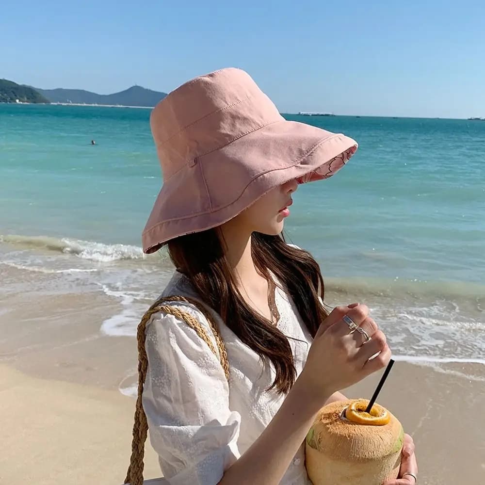 Double-Sided Women Fisherman Hat Flower Print Solid Color Summer Sun Hat Breathable Sun Protection Sunscreen Visor Cap Beach