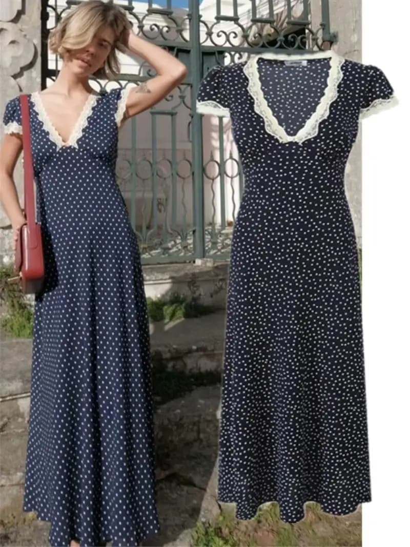 Retro Polka Dot Lace Splicing V-neck Slimming Design Long Dress Tea Break A-line Skirt Short Sleeve Spring Summer Autumn Wome...