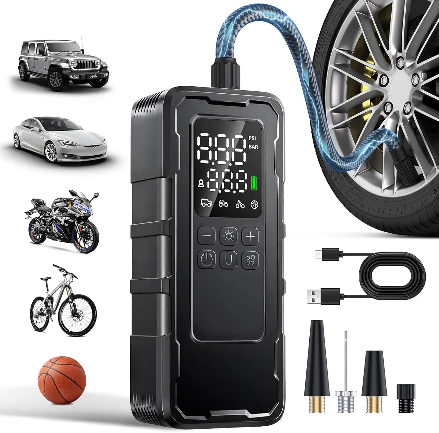 Compressore d'aria portatile 160 PSI, gonfiatore per pneumatici senza fili con manometro per auto, moto, bicicletta - 4X più veloce