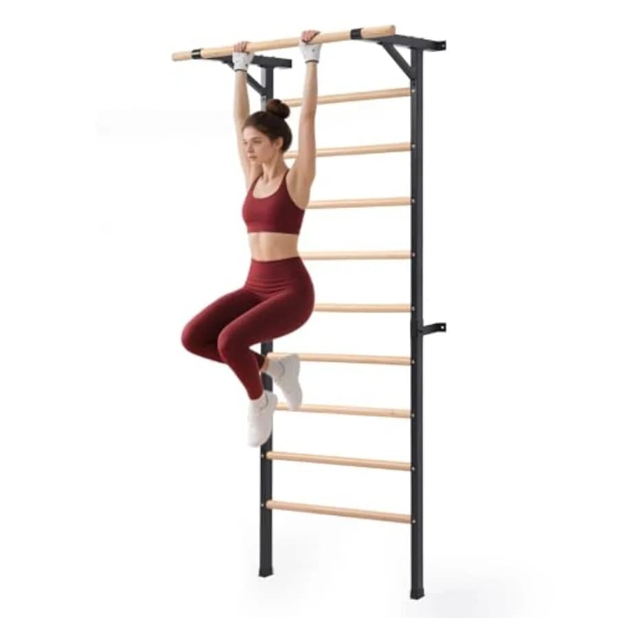 Home gym training: solid beechwood stall bar in natural wood color, 90 Swedish ladder with pull-up bar dip station, 220lbs capa