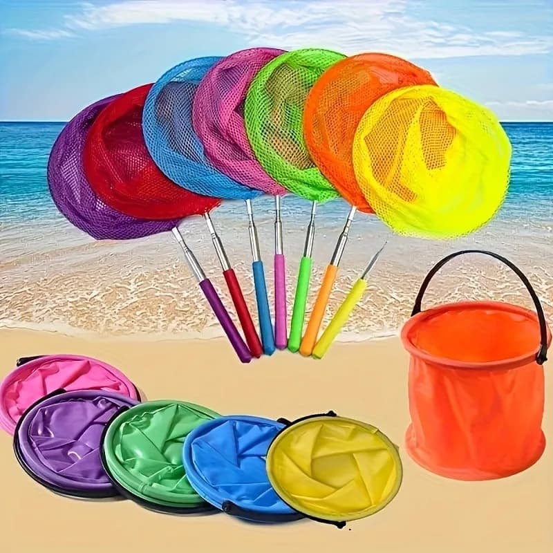 1 Fishing Net + 1 Folding Bucket Outdoor Equipment Set, Including Multi-Functional Folding Bucket And Telescopic Fishing Net