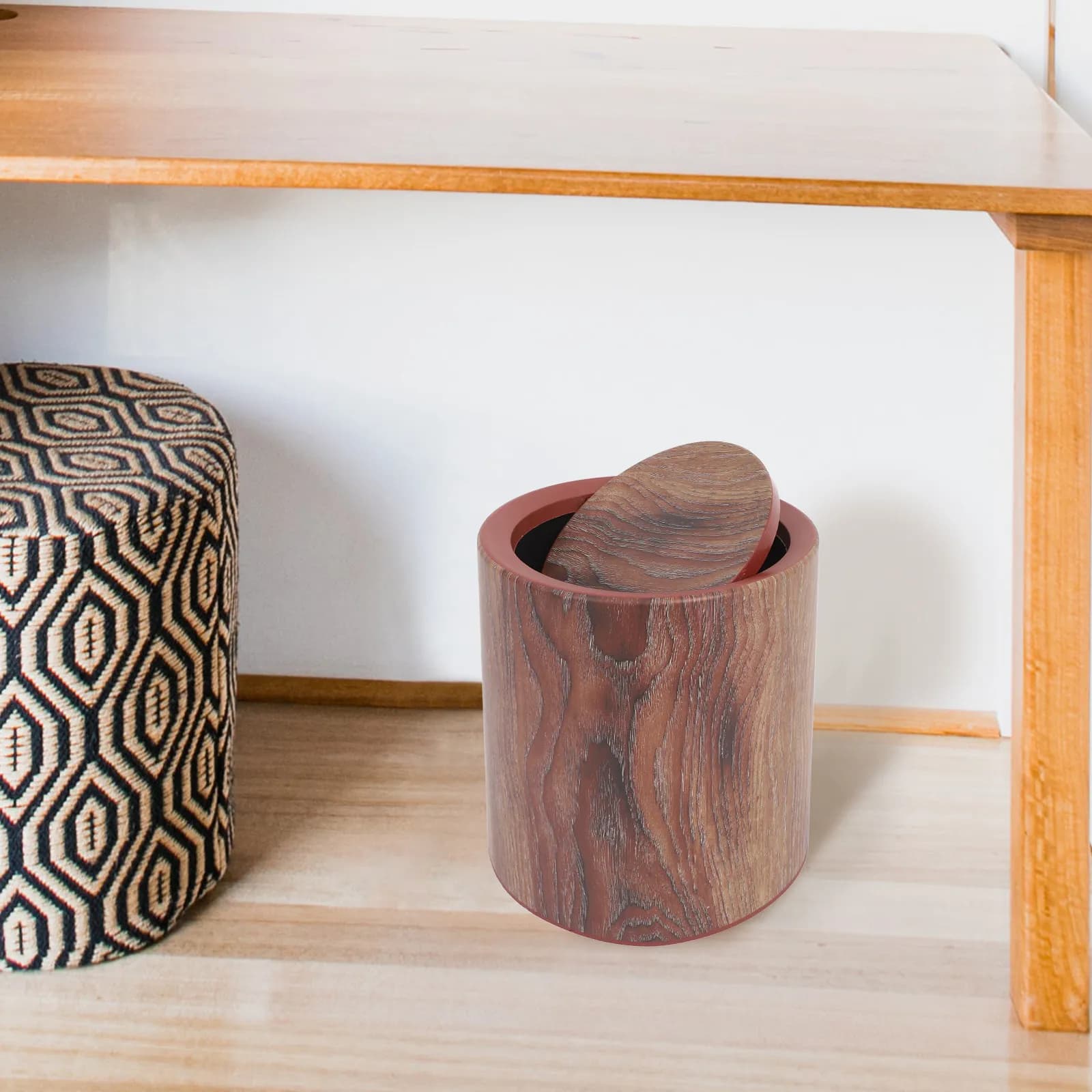 Cestino per Rifiuti con Coperchio a Battente Effetto Legno, Contenitore Rotondo per Spazzatura, Porta Rifiuti, Cesto per Biancheria per Soggiorno, Cucina, Ufficio