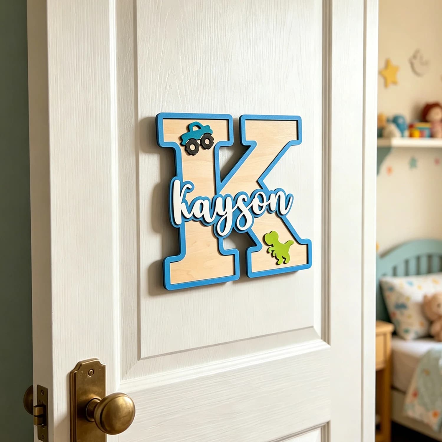 1pc Wooden Surname Brand with Dinosaur and Car Patterns, Suitable for Room and Home Decoration, Customized Exclusive Gift,