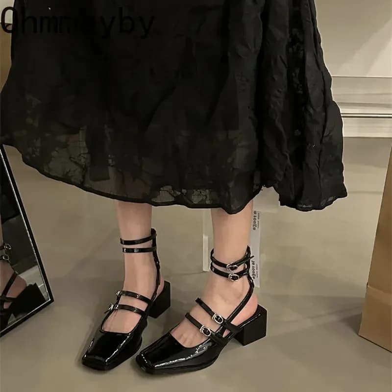 Summer Women's Sandals 2026: Stylish Shoes with Square Heel and Stuff, in Painted Leather, Mary Jane Model for Outer