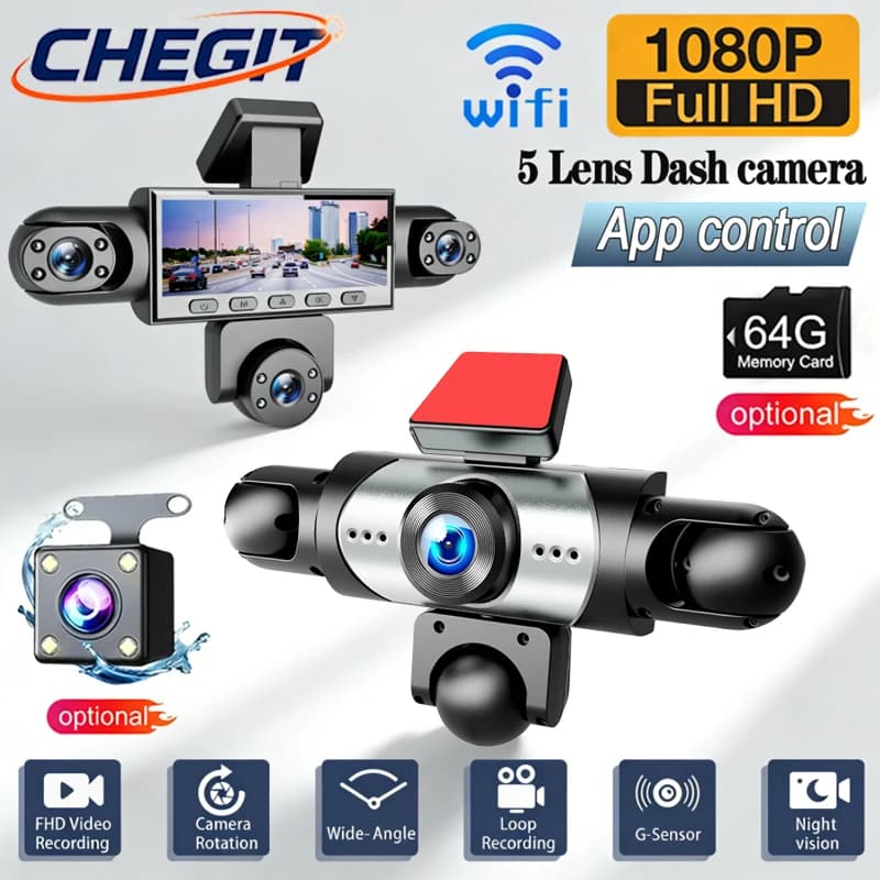 DVR camera for cars with 5 objectives 1080P, Dash Cam for cars with WIFI, 360-degree video recorder (Anteriore+Sinistra+Destra+Interno+Posteriore), Car accessories