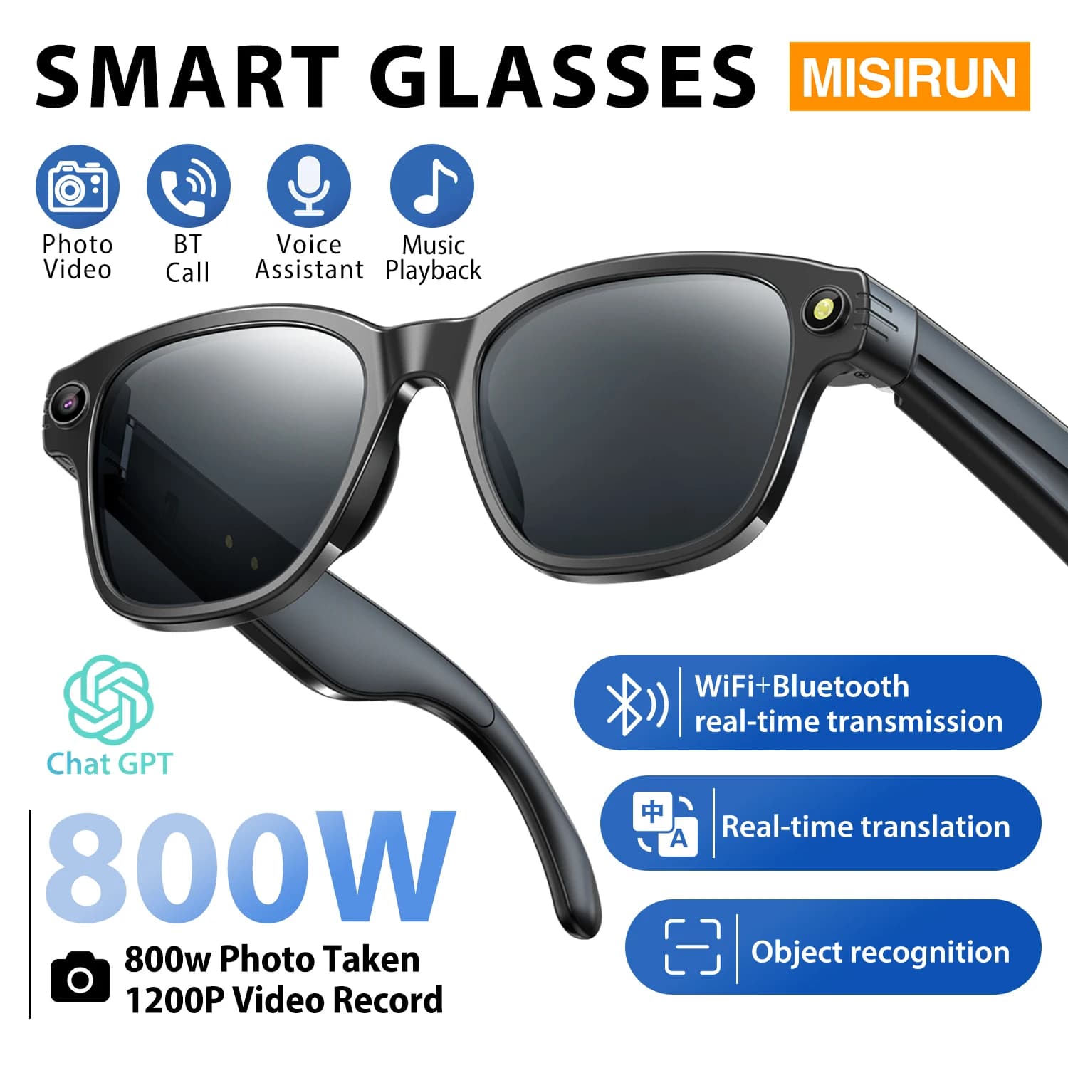 Smart Glasses with Camera 800W for Men and Women, Bluetooth Calls, Intelligent Translation, Photo Recording and Video, Waterproof Sunglasses