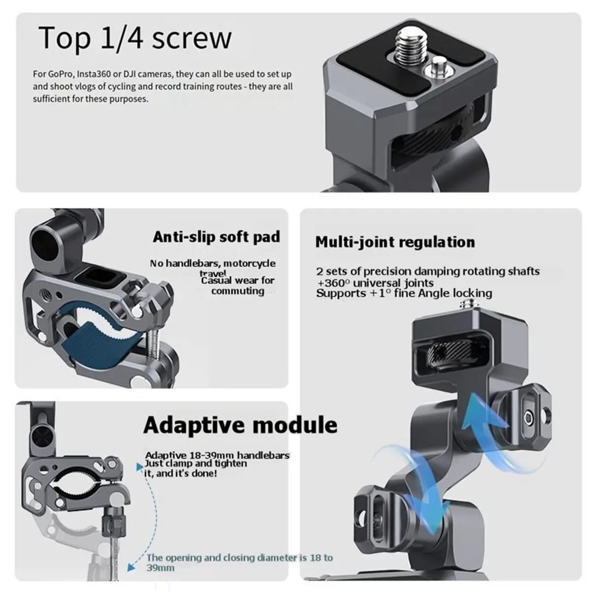 B72ABG For Action/ Cameras 3D Gimbal Motorcycle Handlebar Clamp Mount Outdoor Expansion Arm Bracket 1/4