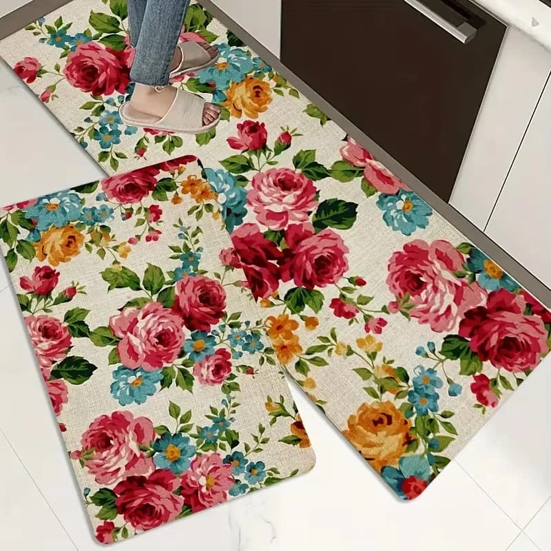 Tappeti da cucina morbidi da 1/2/3 pezzi, tappeto da corridoio con rose vivaci e brillanti, lavabile, antiscivolo, tappeto per ingresso, soggiorno, lavanderia