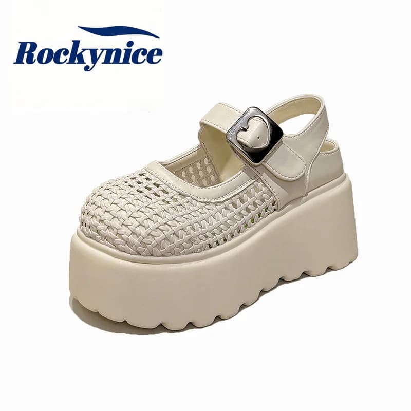 8CM Thick Heels Sandals Women's New Summer Versatile Hollow Out Chunky Slippers Breathable Casual Leather Platform Shoes Woman