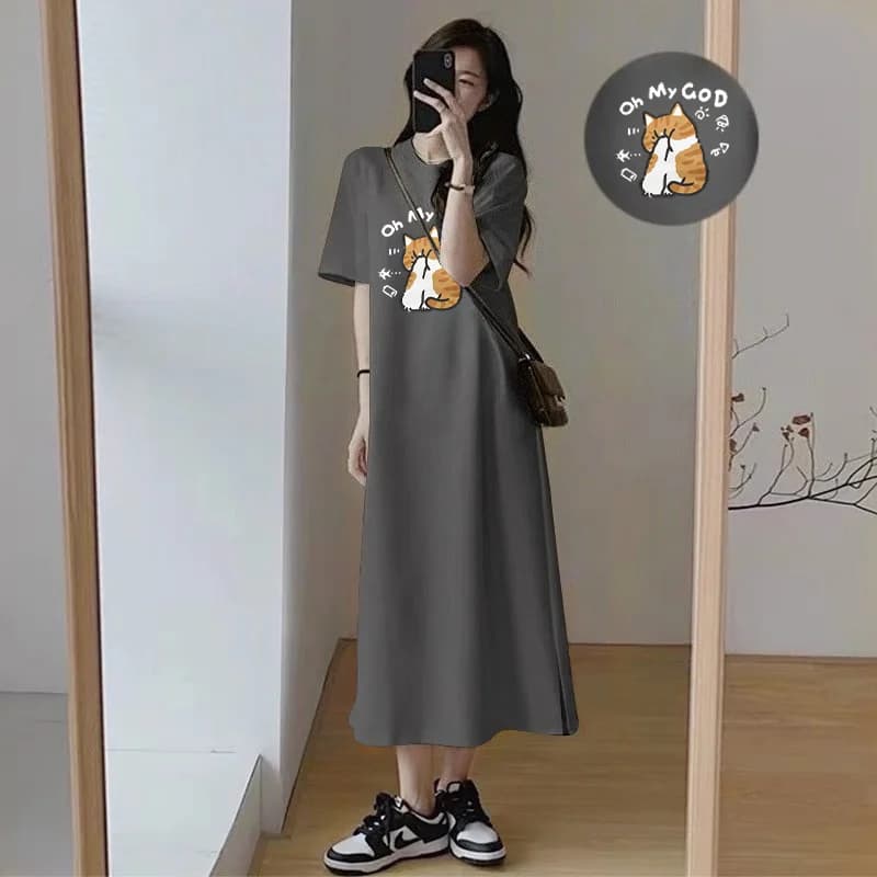 Abito T-shirt Estivo 2026 Nuovo Stile Coreano Casual Ampio a Maniche Corte con Motivo Gatto