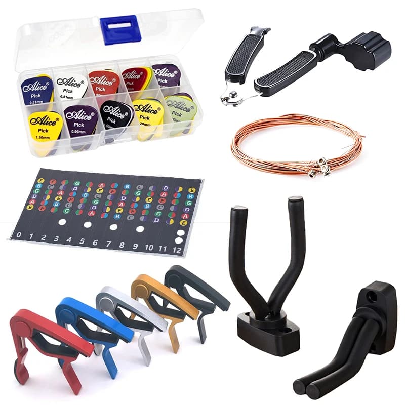 Ganci porta capotasto per chitarra, Corde per chitarra in bronzo, Adesivi per scala, Plettro di varie spessori, Accessori per chitarra, basso e ukulele, Confezione ZYF
