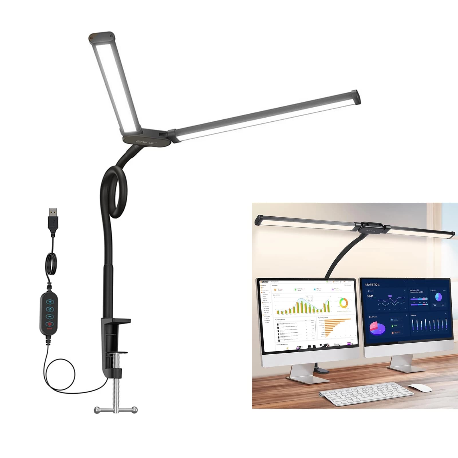 PULUZ Lampada da scrivania a LED a doppia testa Tubo flessibile a collo di cigno con luce di riempimento a clip Lampada da tavolo per protezione degli occhi regolabile a 10 livelli