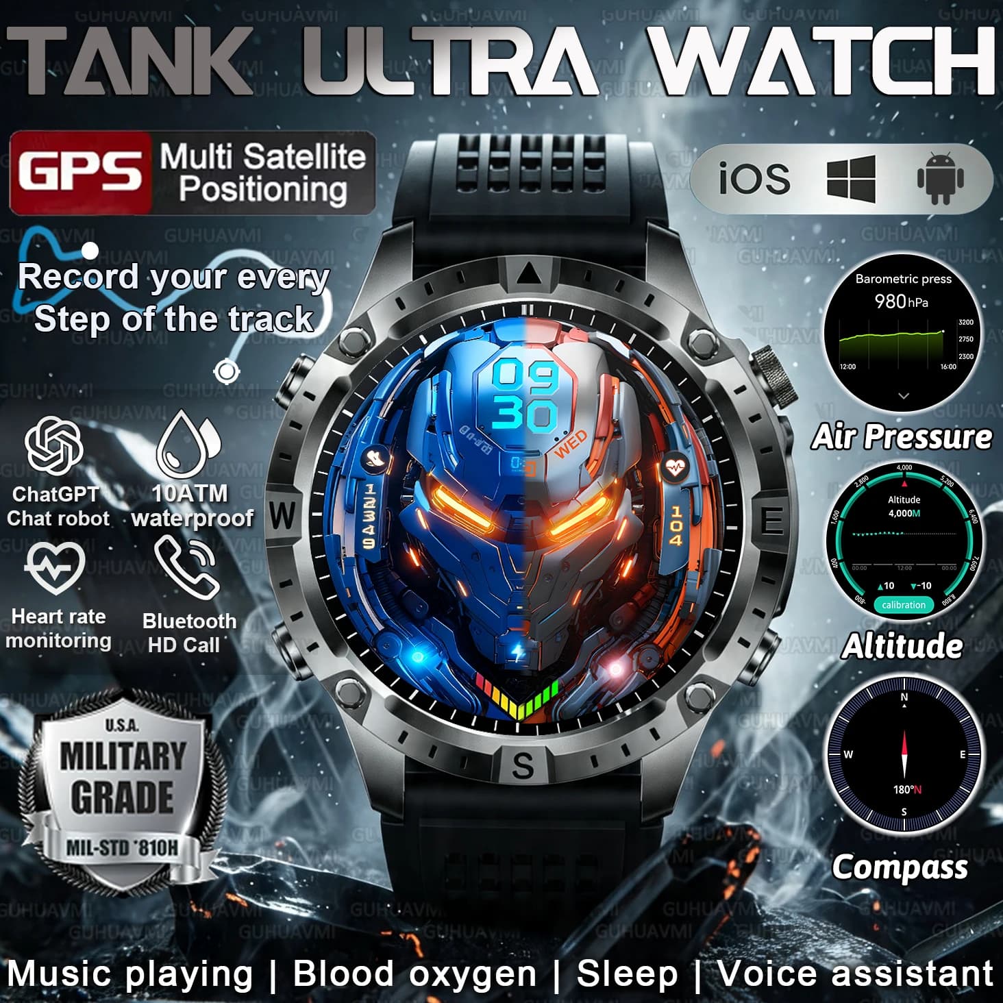 Nuovo Smartwatch Militare da Esterno 2026 per Uomo, GPS, Impermeabile fino a 100 metri, Batteria 730mAH, Chiamate HD, Fitness e Sport