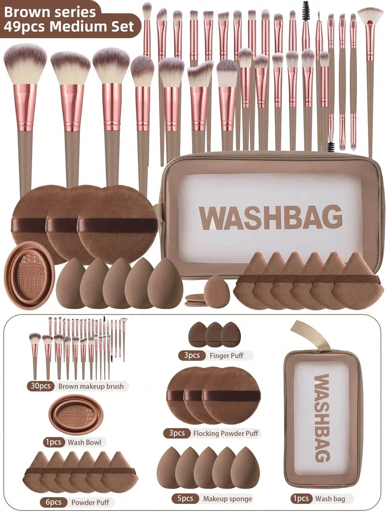 Set di strumenti professionali per il trucco da 49 pezzi per principianti, compresi 30 pennelli per il trucco, tra cui un pennello per cipria, un pennello per fard, un set di pennelli per ombretto, un pennello per mascara, un pennello per eyeliner, un pennello per contouring e un pennello per dettagli + 5 spugnette per il trucco, spugnette per il trucco per Li