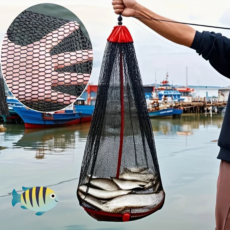 Borsa da pesca in rete di nylon con corda lunga e anello retrattile, strumento da pesca leggero, traspirante e pieghevole per la protezione dei pesci