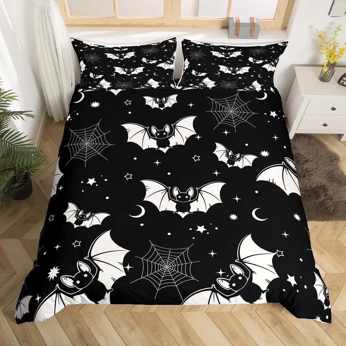 Copripiumino pipistrelli scuri spettrali Decorazione di Halloween Stelle glitter Luna Galassia Set biancheria da letto Copripiumino gotico pipistrello cartone animato Queen