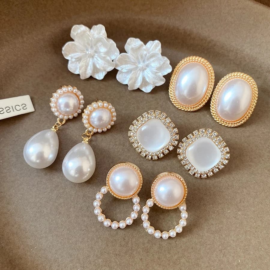 10 Pcs Round Geometric Imitation Pearl Stud Earrins for Women French Elegant White Flower Nail Earring Charms Party Jewelry Sets