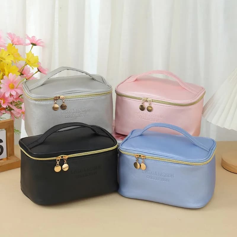 Korean Style PU Leather Makeup Bag, Fashionable Simple Portable Handbag, Travel Storage Bag, Cosmetics Wash Kit, 1 Piece