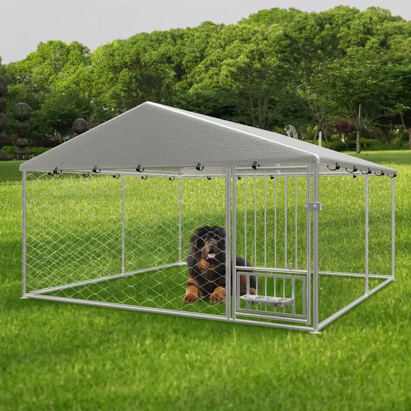 Cuccia per cani da esterno resistente, box recinto resistente alle intemperie con alimentatore girevole, copertura di protezione UV, blocco di sicurezza, 10'L x 10'D x