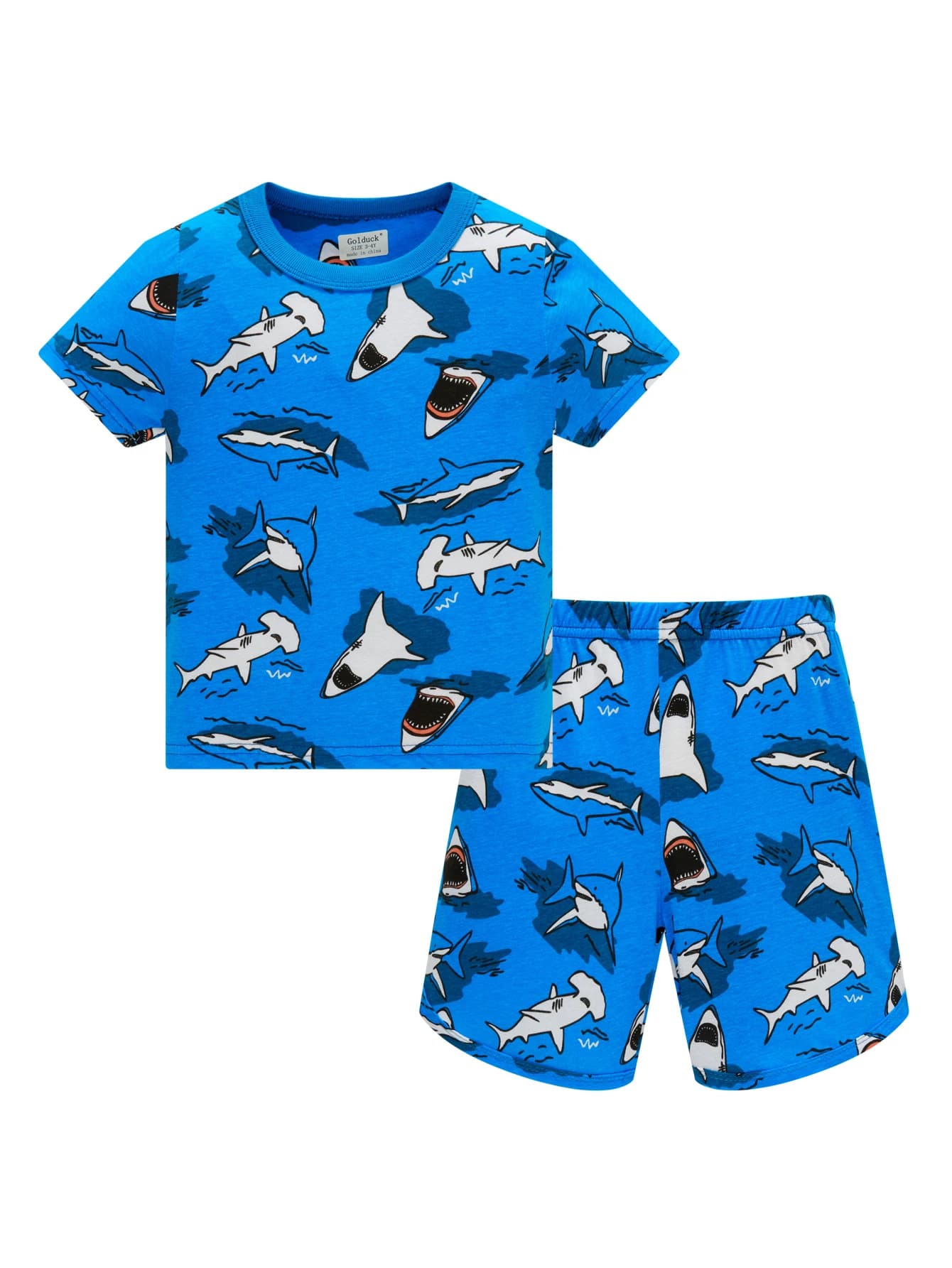 Boys 100%Cotton Pajama Set Cartoon Shark Full Print Lightweight Breathable Summer Pjs Shorts Set for Toddler 1-8 Years