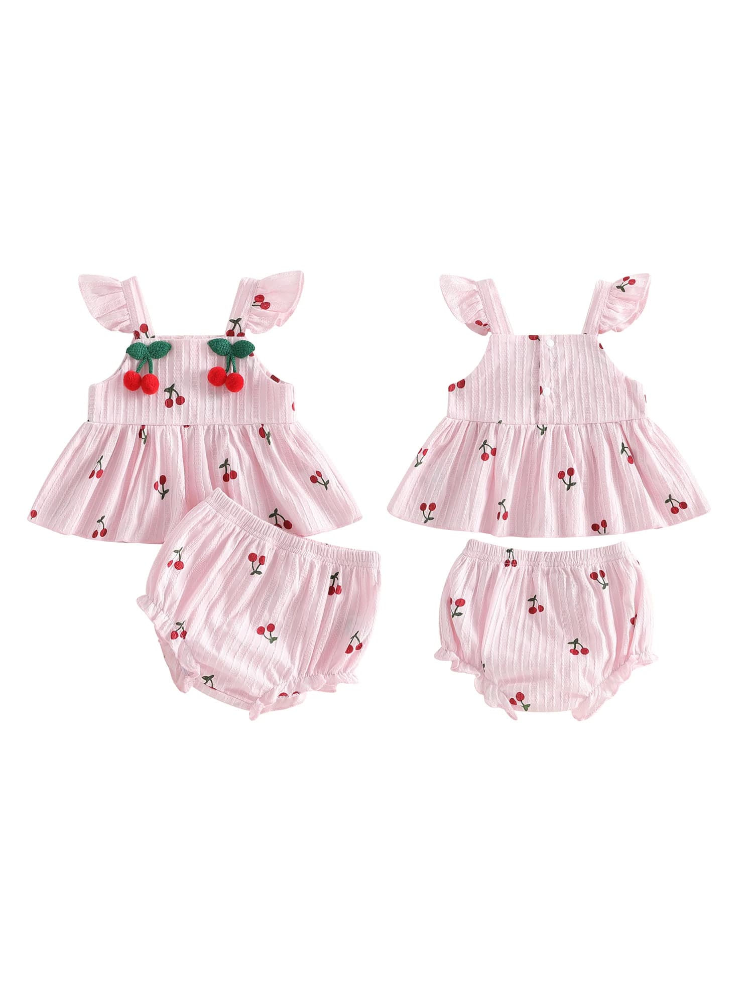 Adorabile set di top e pantaloncini con maniche a volant e stampa ciliegia per bambina, con elastico in vita, per abiti estivi, carino set da 2 pezzi