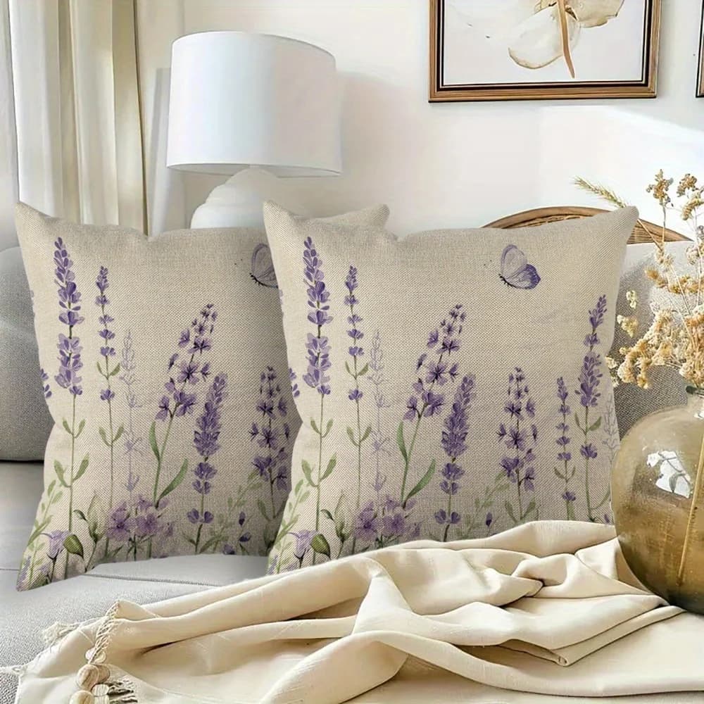 1pc Boho Floral Lavender Throw Pillow Cover 2D Double-Side Print Polyester Cushion Case for Home Sofa Car Office Outdoor Decor