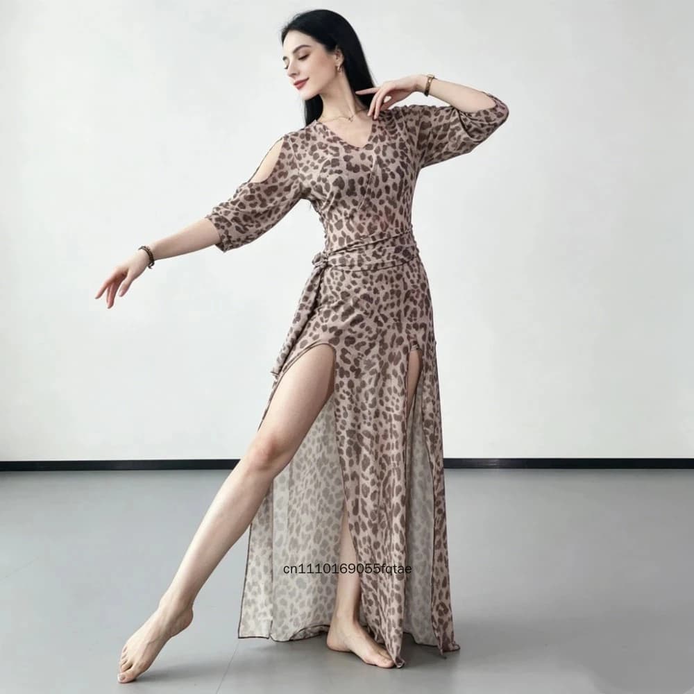 Costume da Danza del Ventre per Donne, Abito in Rete con Stampa Leopardata, Vestito Baladi, Abito Shaabi, Abbigliamento per Danza Orientale