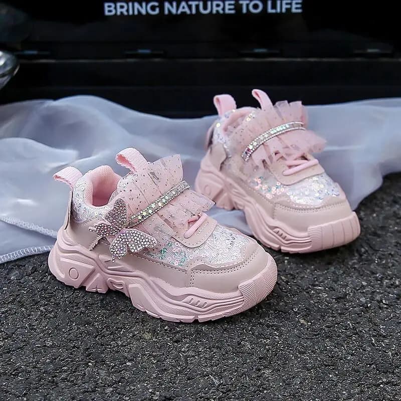 Nuove Scarpe Sportive Primaverili e Autunnali 2025 per Bambine, Antiscivolo con Suola Morbida, Decorazione a Farfalla in Cristallo, Scarpe da Corsa Carine, Scarpe da Principessa