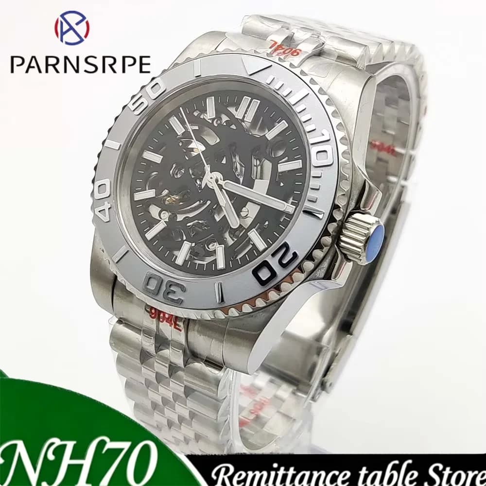 2026 Parnsrpe NH70 Men Luxury Automatic Mechanical Watch 40mm Dive Style Skeleton Dial Sapphire Glass 316L Stainless Steel Daily