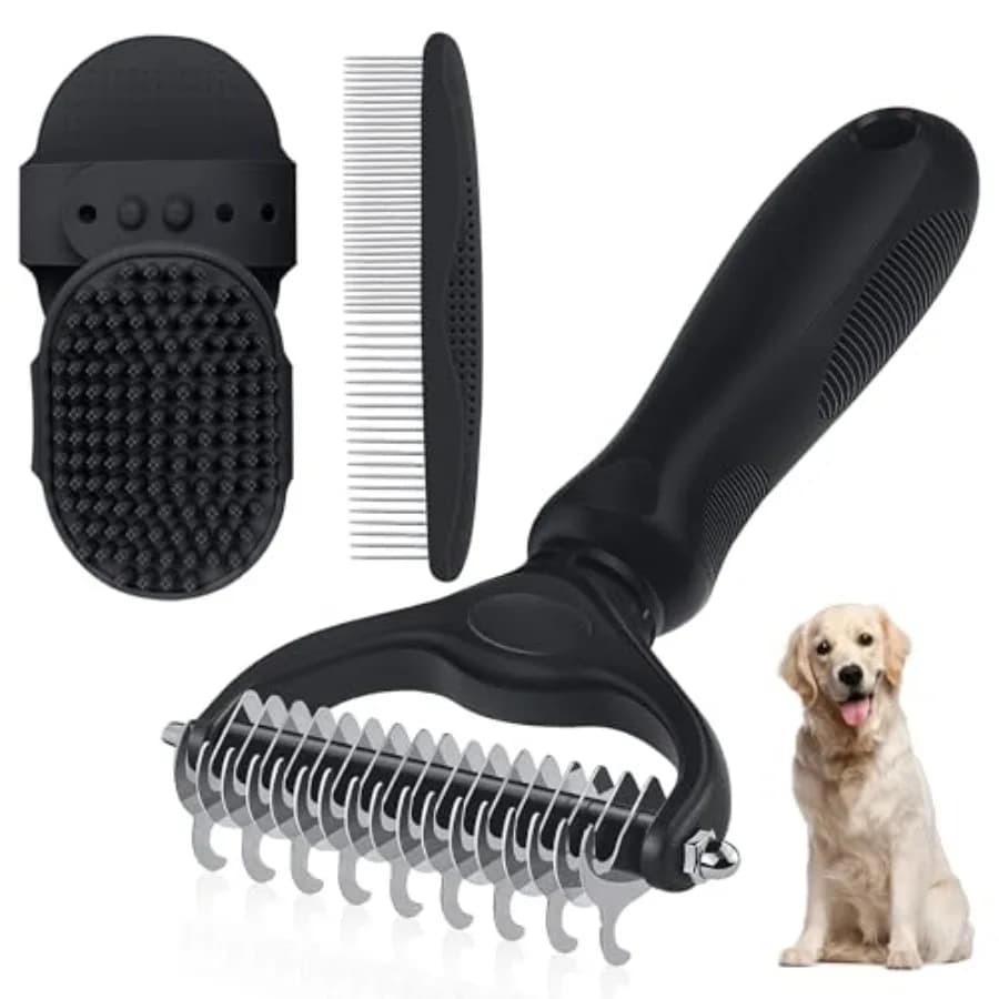 Rastrello per toelettatura animali a doppia faccia - Kit professionale 4-in-1 per la toelettatura di cani e gatti, strumento extra largo per la rimozione di peli e la districatura