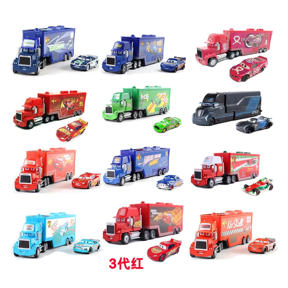 2 pcs 1:55 Pixar Cars 2 Lightning McQueen Mack Uncle Chick Hicks Container Truck Metal Modle Educational Toys Car Gift For Child