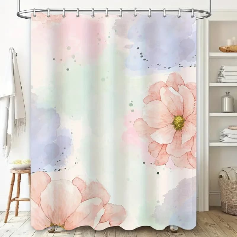 Tenda da doccia floreale acquerello rosa bianco verde pastello decorativo appeso decorazione da bagno impermeabile con anelli (L)