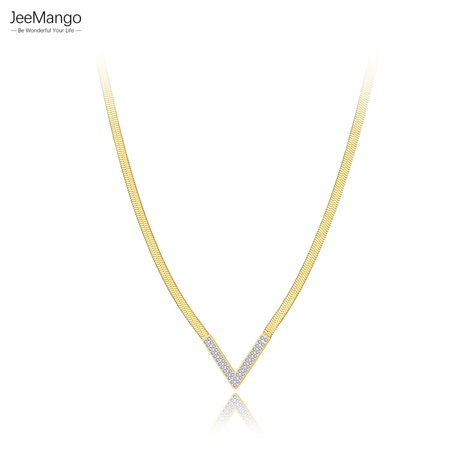 JeeMango 18K Gold Plated Stainless Steel Rhinestone V Shape Snake Chain Necklace Jewelry For Women Girl Collier De Femme JN22128