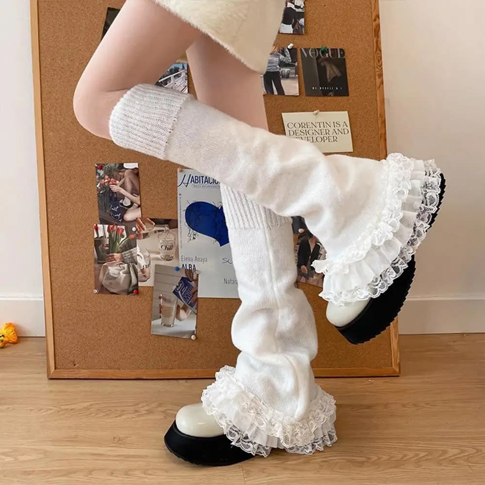 Retro Lolita Lace Flare Leg Warmers Japanese JK Winter Warm Boot Socks Leg Cover Knee Warmers for Women & Girls