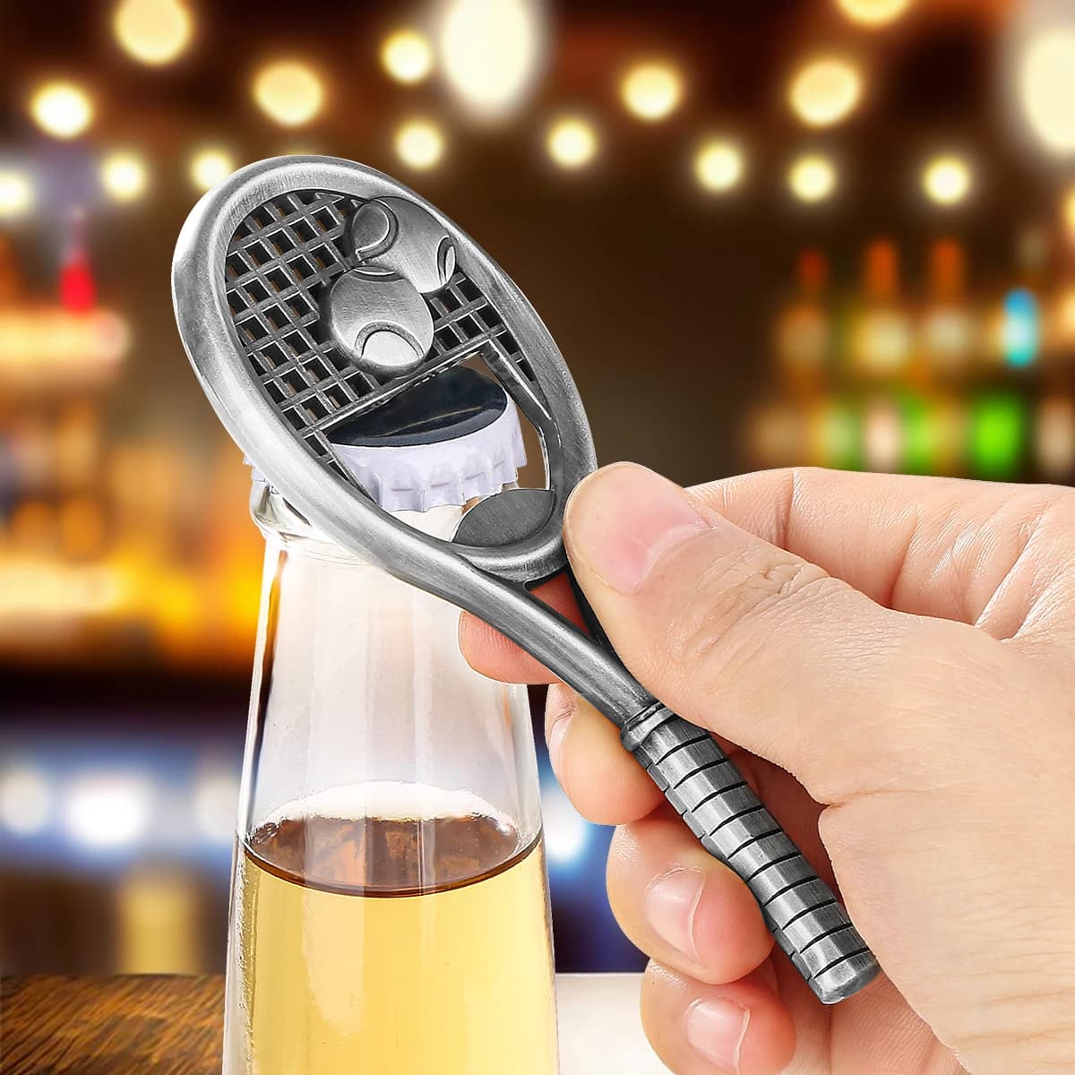 Apribottiglie per birra in metallo a forma di racchetta da tennis unici, bar da cucina, strumento per feste, regalo, grigio, nero/bronzo, apribottiglie per birra