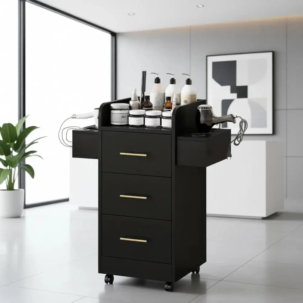 Elegante Carrello per Parrucchieri con 6 Supporti per Asciugacapelli e 3 Cassetti, Nero e Oro
