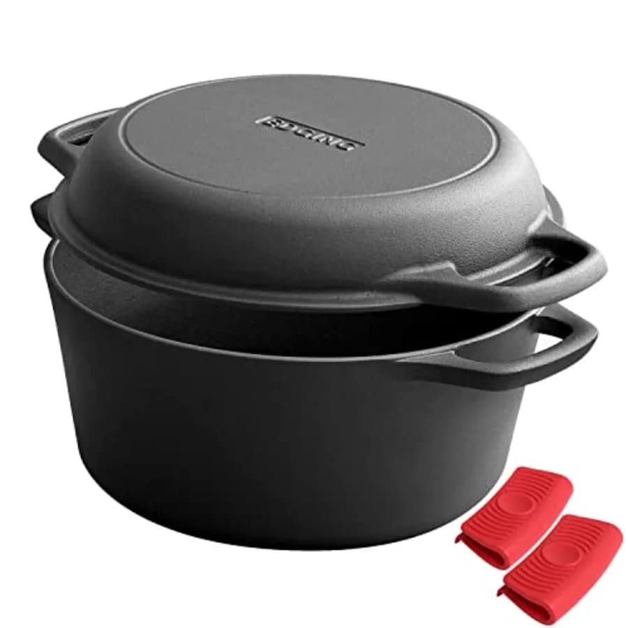 Set di pentole in ghisa 2-in-1 con coperchio e manici, per uso interno ed esterno, ideale per pane, frittura e cottura al forno