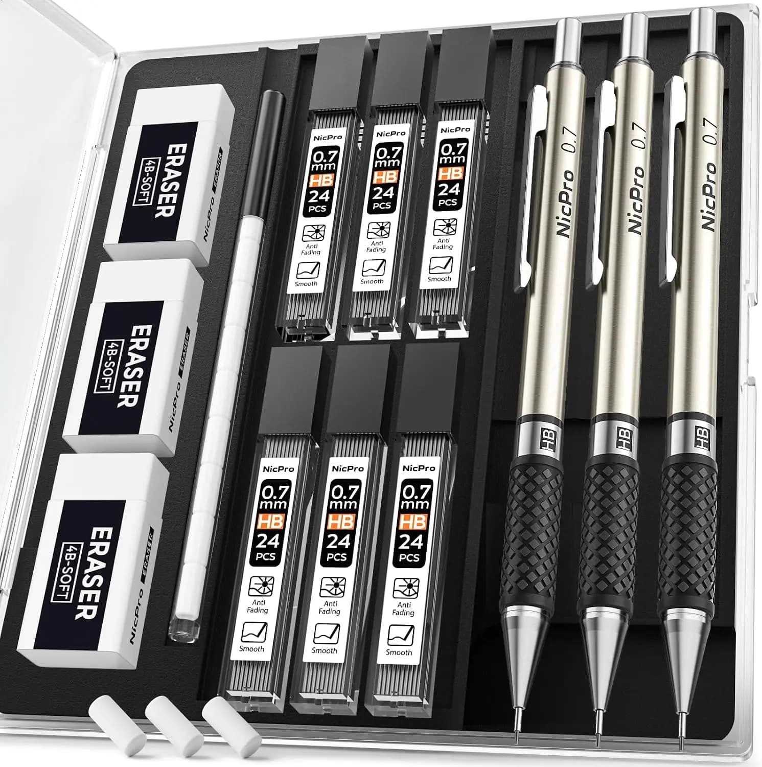0.7 mm Metal Mechanical Pencil Set, 3 Pcs Drafting Pencils with Lead & Eraser Refills, Storage Case, for Drawing Sketching Writing