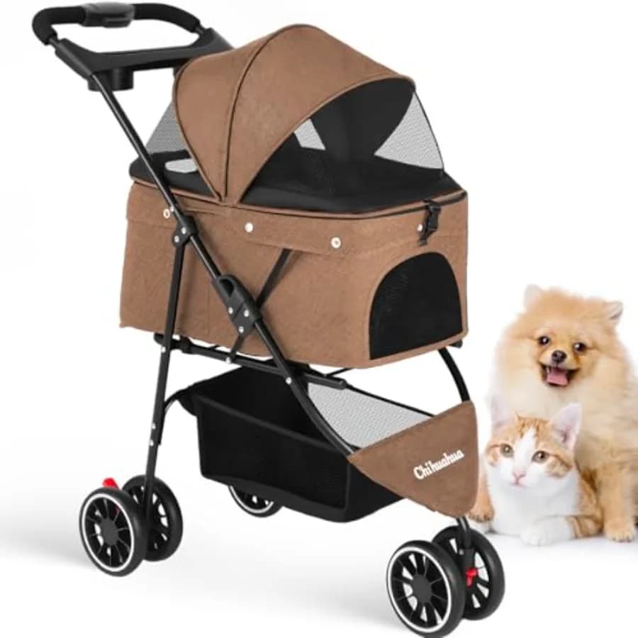 Pet Stroller, Dog Stroller for Small Medium Dogs Cats, 3 Wheels, Foldable, with Breathable Mesh Canopy, Cup Holders, Easy Assem