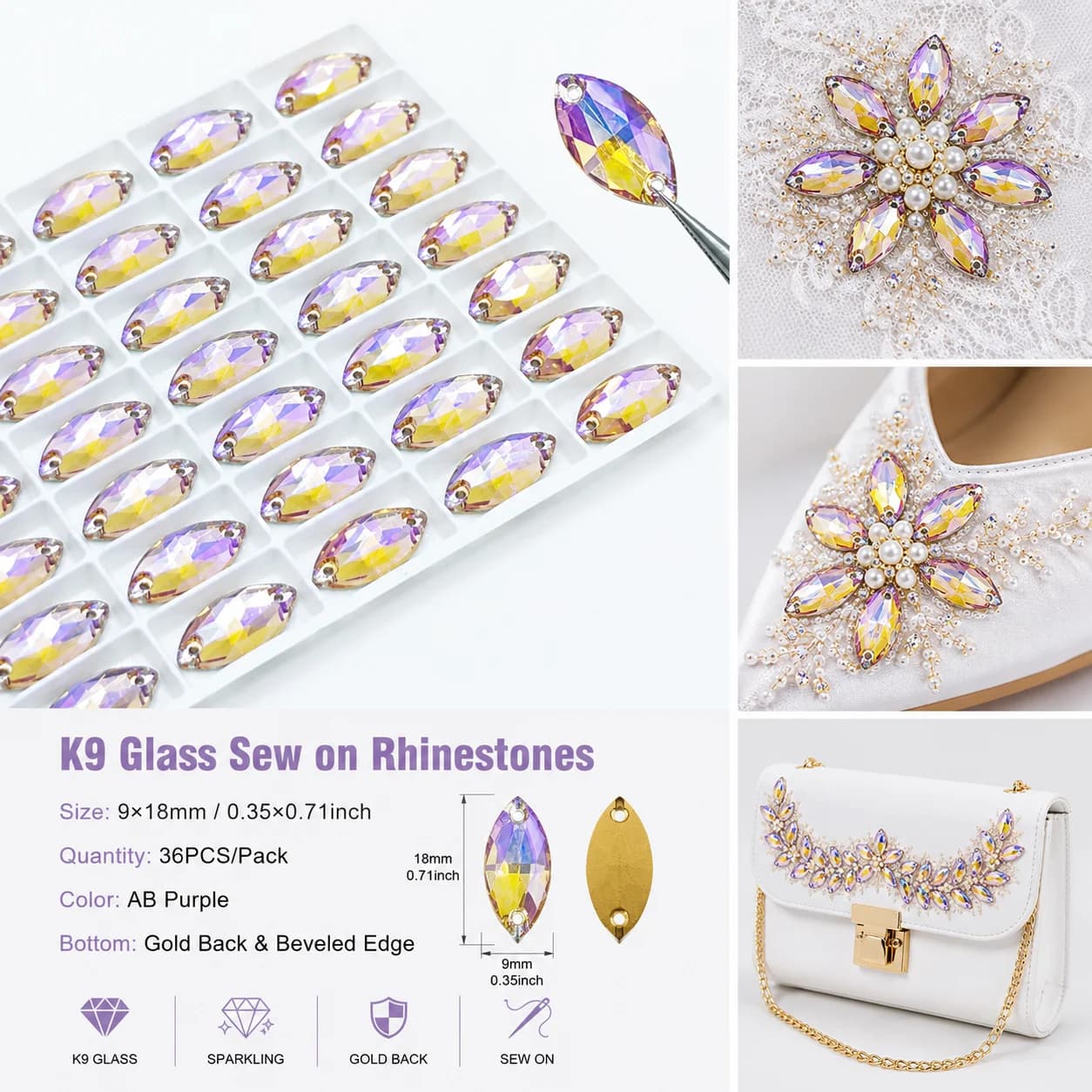 5A Bevel Glass Sew-On Rhinestones Nevette Loose Sewing 9*18mm 36Pcs/Package For DIY Garment & Shoes Bags Sewing Accessories