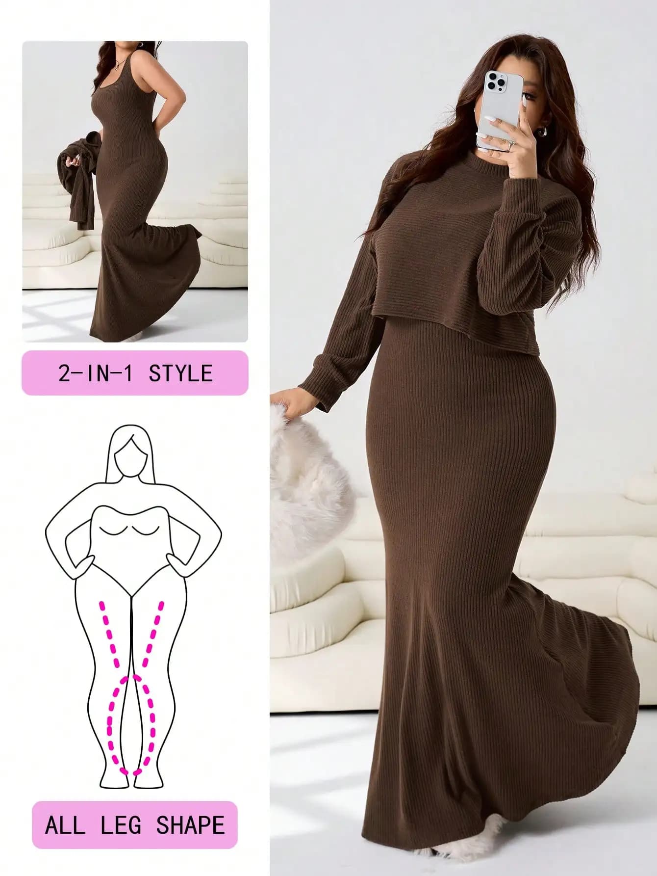 Completo in maglia a costine taglie forti 2 pezzi: Top a maniche lunghe e vestito lungo senza maniche, Marrone