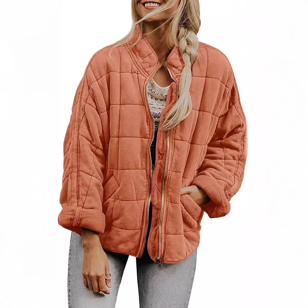 Women's Pure Color Stand Collar Long Sleeve Cotton Jacket Loose Fit Autumn Winter Outerwear Simple Style Fashionable Coat