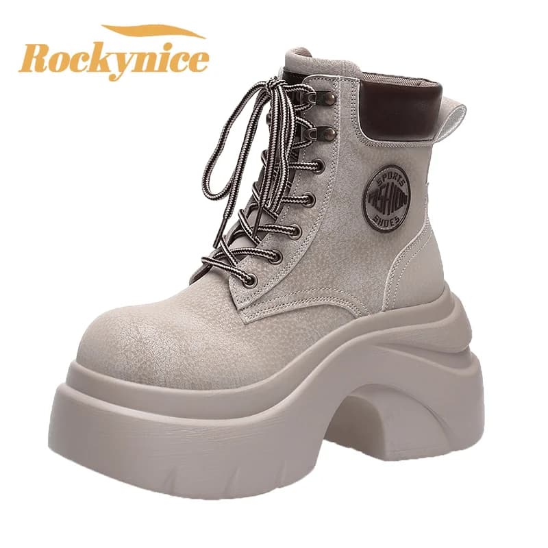 Women New Autumn Winter Leather Mid-calf Boots 9CM Chunky Heels Motorcycle Boots Woman Thick Bottom High Platform Short Booties