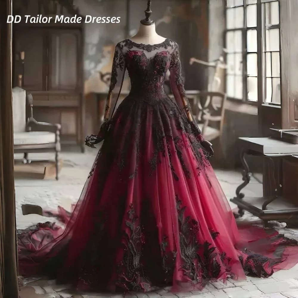 Vintage Gothic Wedding Dress Black And Bordeaux Long Sleeves Lace Applications Wedding Dresses Retro Custom Wedding Dresses