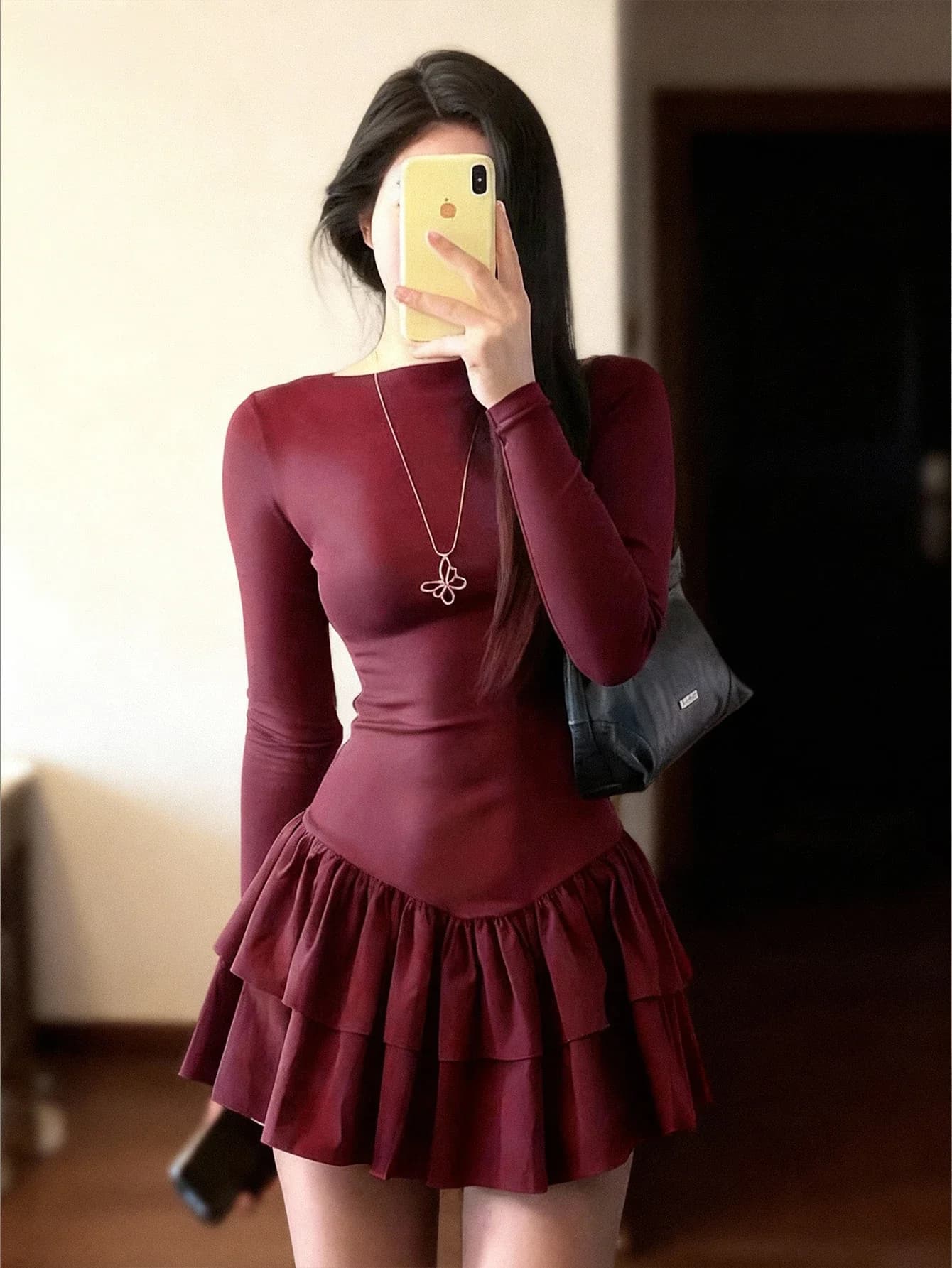 Women's Mini Dress Fashion Autumn with Long Sleeves and Hems in Balze Stratificate