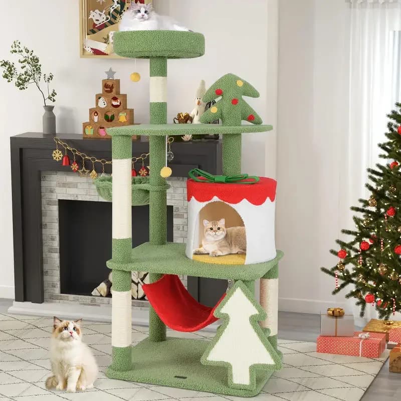 Grazioso Albero di Natale per Gatti con Tiragraffi in Sisal e Cuccia a Forma di Scatola Regalo - Verde