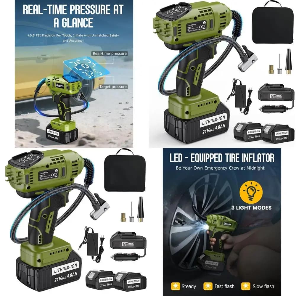 Gonfiatore portatile per pneumatici senza fili da 150 PSI con 2 batterie da 21 V, doppia alimentazione, luce a LED