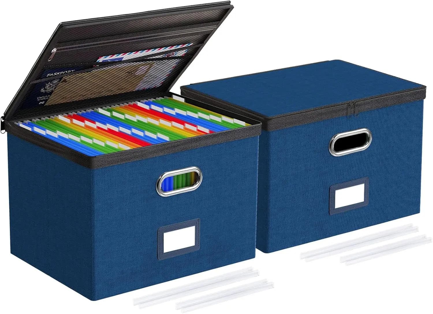 Scatole Portadocumenti Grandi con Coperchi, Tasche in Rete per Cartelle Formato Letter, Contenitori con Cerniera per Documenti in Blu Scuro (Confezione da 2)