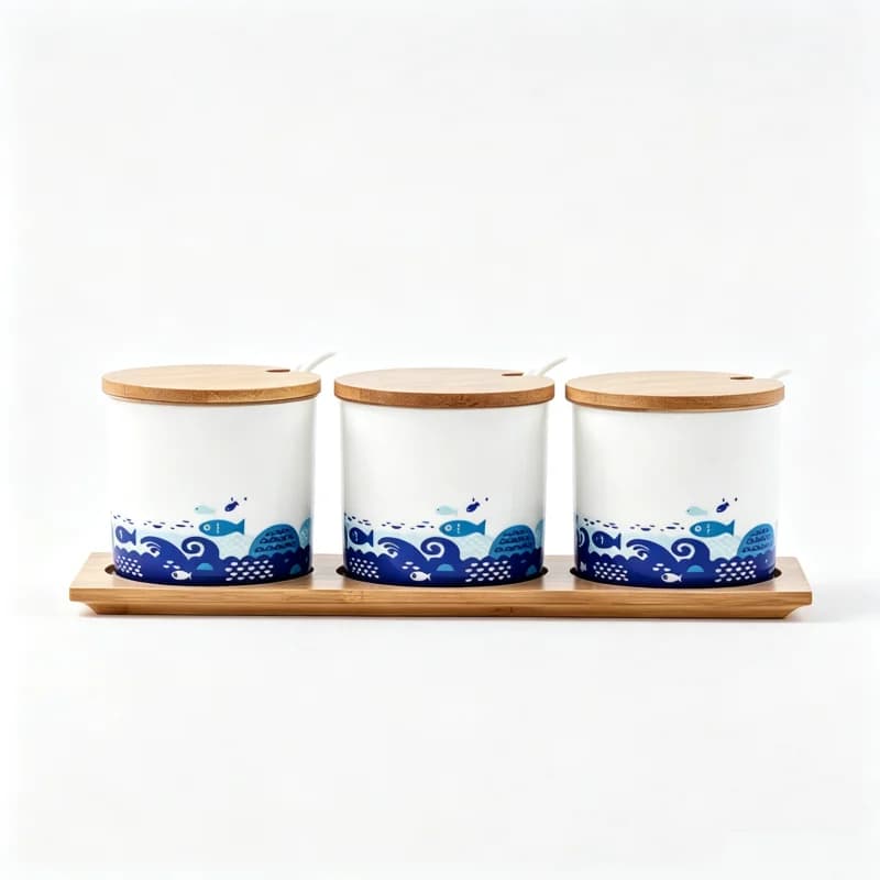 Set da 3 pezzi, contenitori per spezie in fine porcellana, con coperchio e cucchiaio, scatola per la conservazione delle spezie in cucina, organizer per spezie in porcellana, scaffale