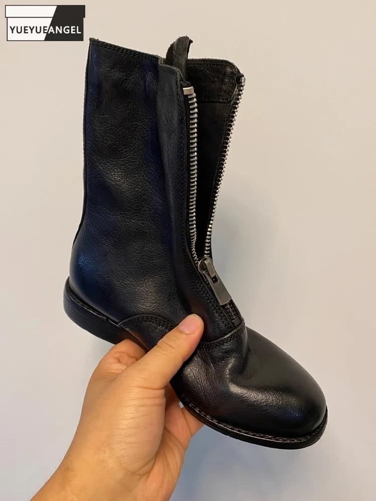 Women Retro Comfortable Winter Zipper Horsehide Genuine Leather Mid Heel Round Toe Solid Color Ankle Boots Fashion Lady Footwear
